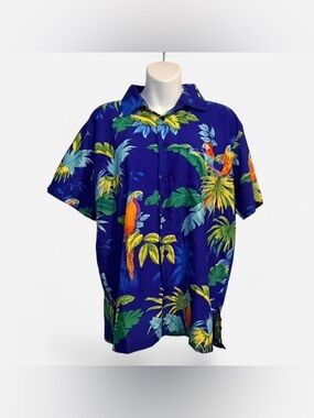Rima SXL Women’s Tropical Blue Parrot Print Hawaiian Shirt, Size Small